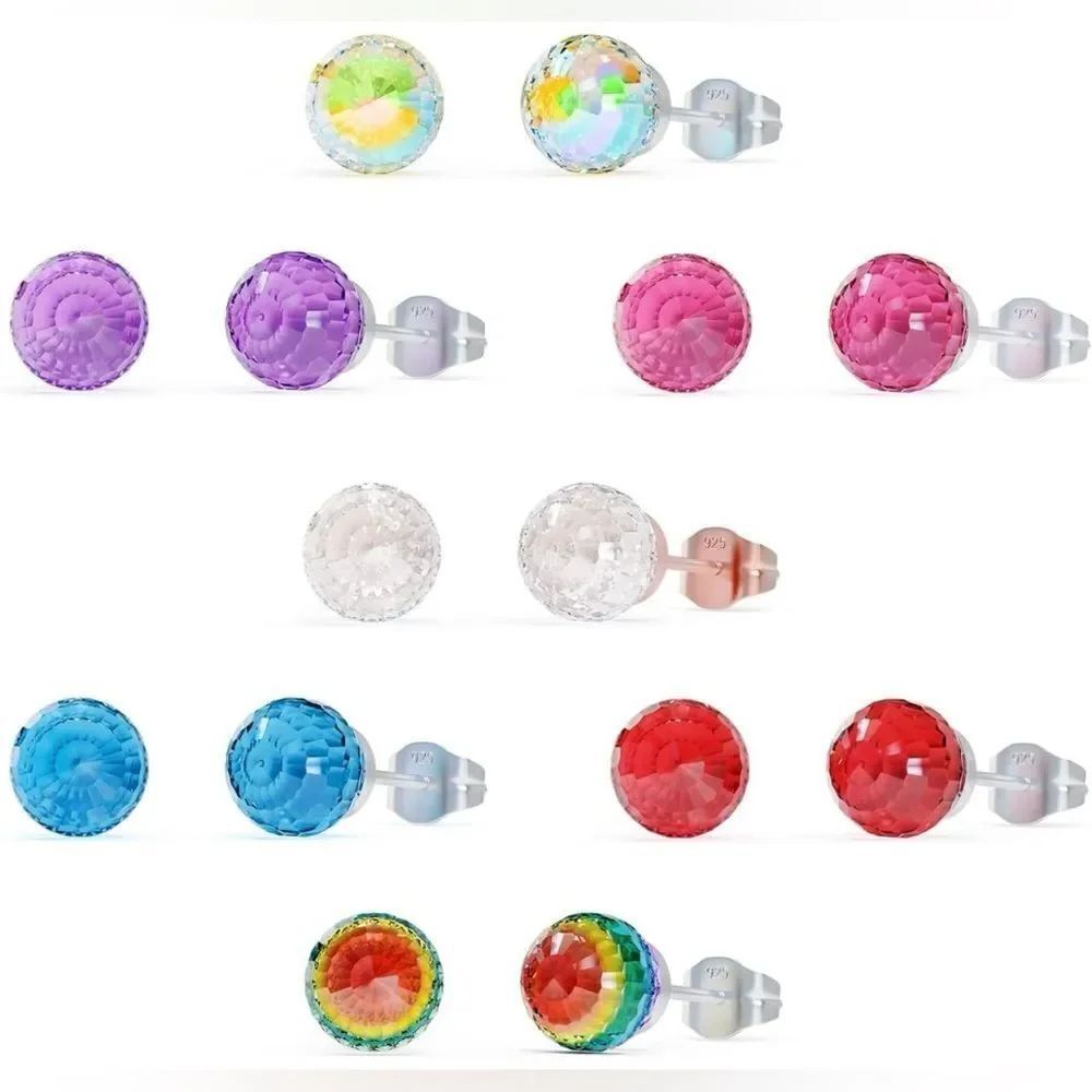 Set Of 7 Pairs Of Austrian Crystal Studs 925 Sterling Silver Hypoallergenic NIB